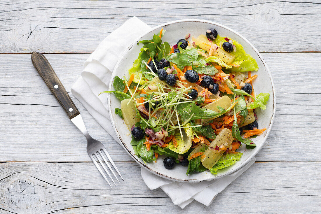 Mixed salad with hand cheese and blueberries