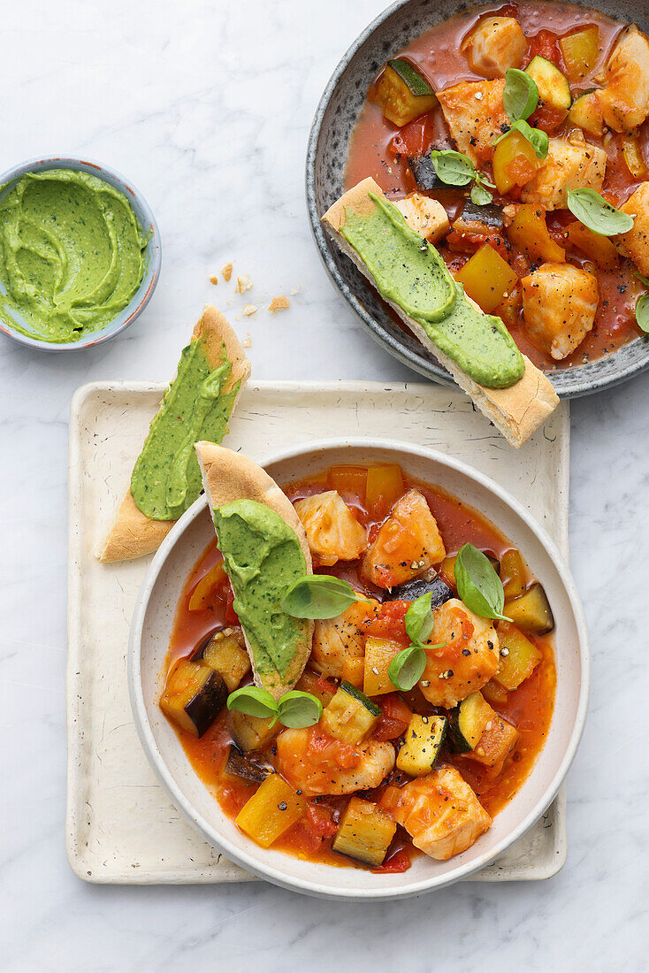 Vegetable stew with basil pesto crostini