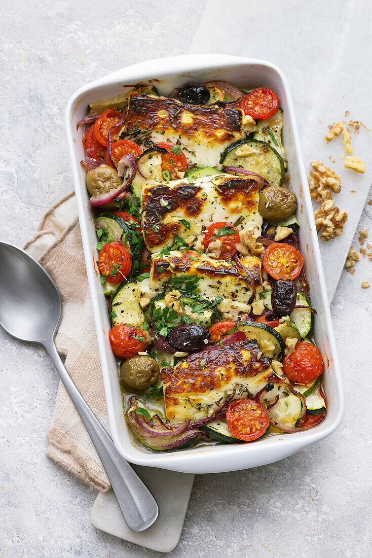 Ofen-Halloumi mit Zucchini und Kirschtomaten