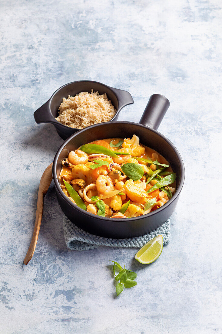 Cauliflower curry with prawns and basmati rice