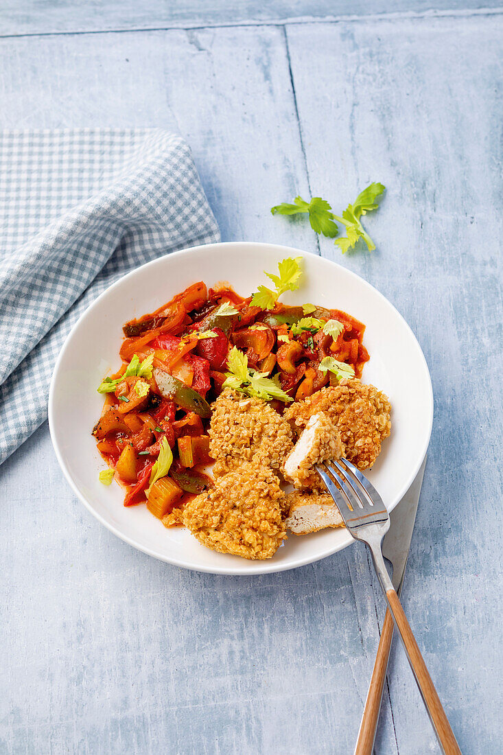 Chicken nuggets with braised vegetables