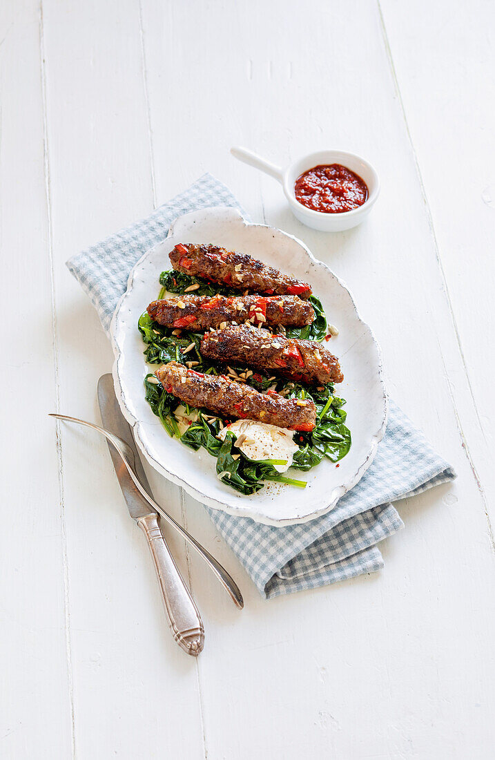 Cevapcici on spinach leaves with ajvar