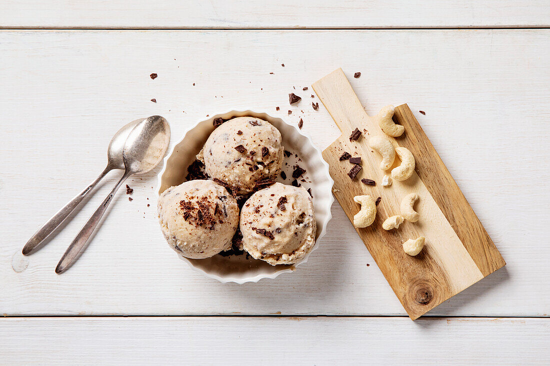 Vegan cashew ice cream with chocolate chips