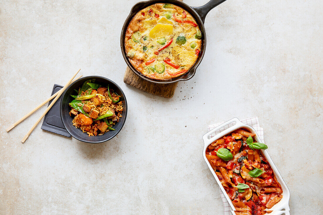 Asian wok vegetables, vegetable omelette and vegetable lasagne