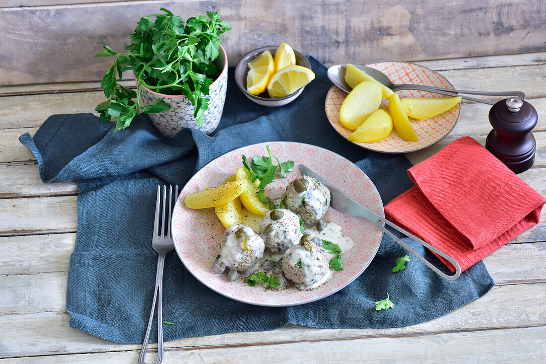 Königsberger meatballs with boiled potatoes