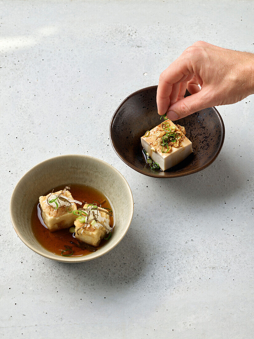 Hiyayakko Tofu und Agedashi Tofu in Brühe