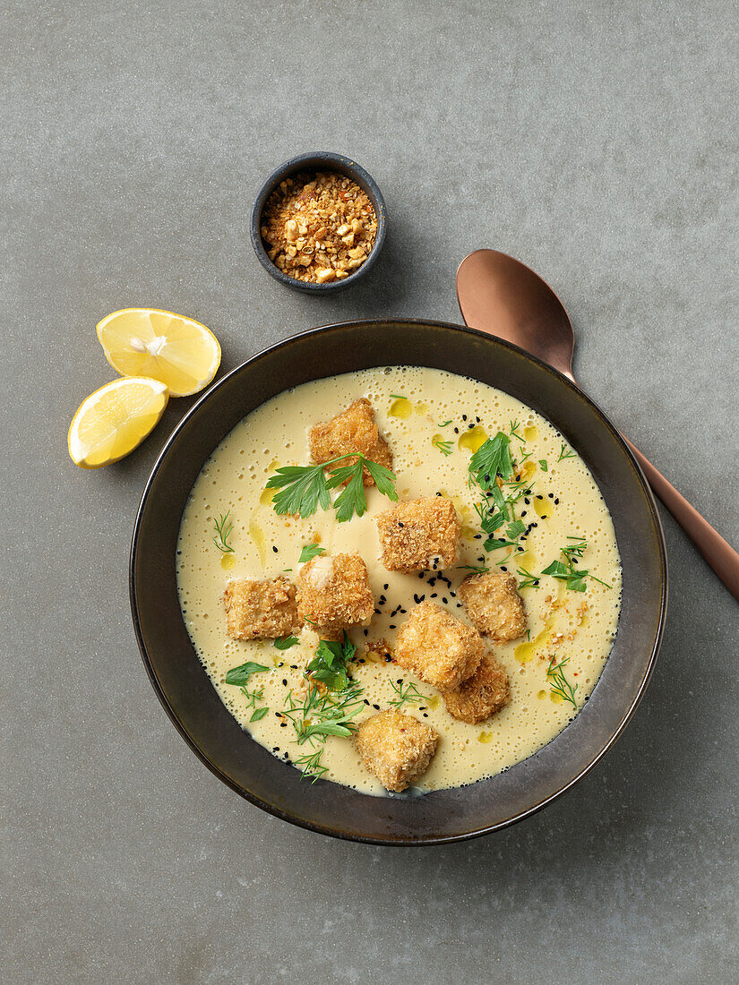 Lentil soup with crispy dukkah tofu