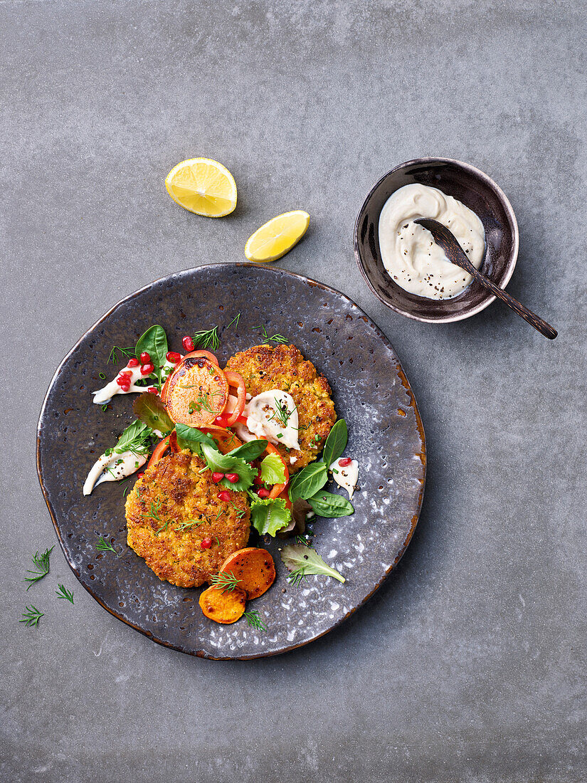 Tofu-Hirsepuffer mit Salat und Zitronencreme