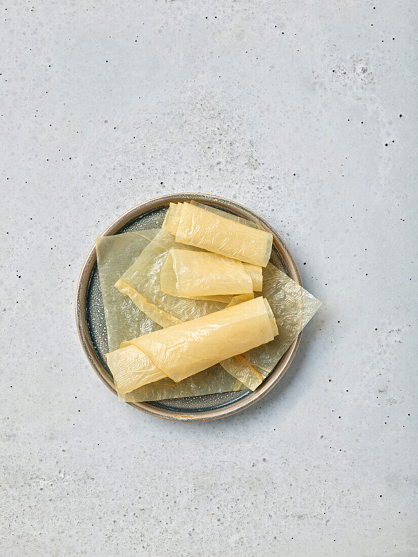 Yuba strips in a bowl