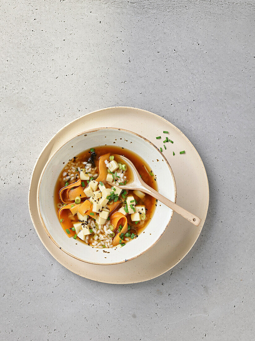 Miso soup with tofu and spring onions