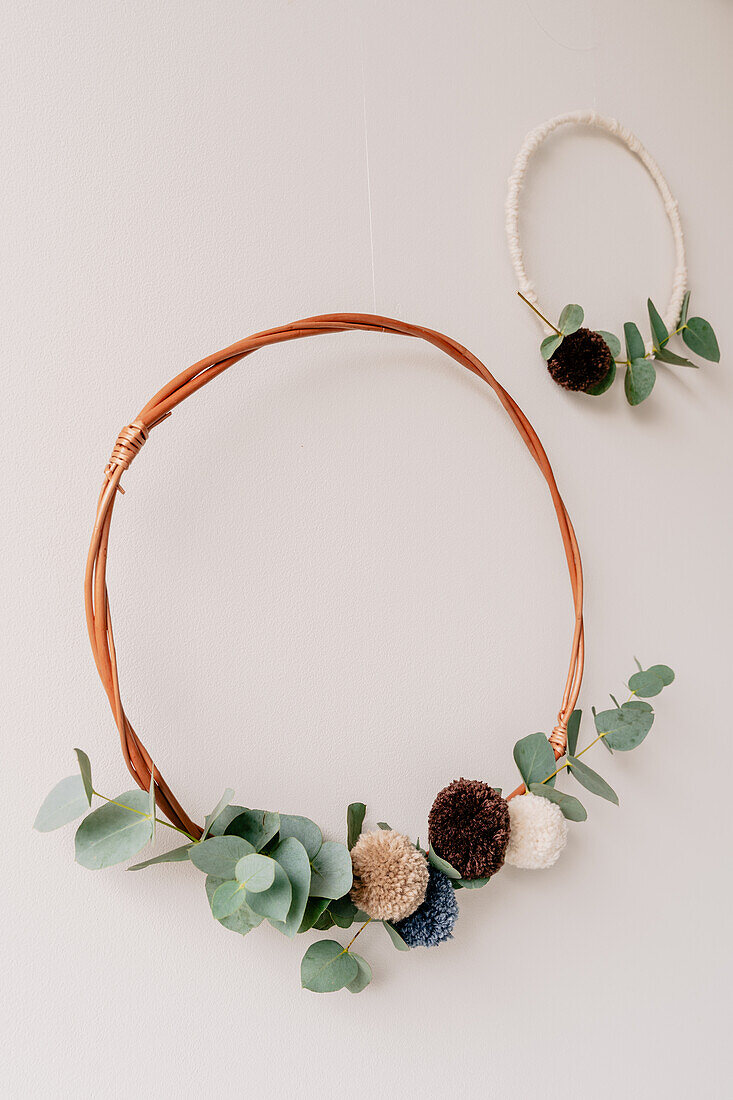 DIY wreaths with eucalyptus and pompoms