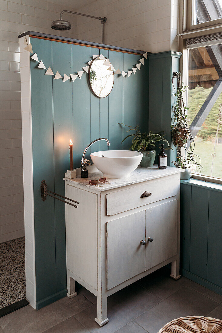 Country-style bathroom with washbasin, green wood panelling and plants