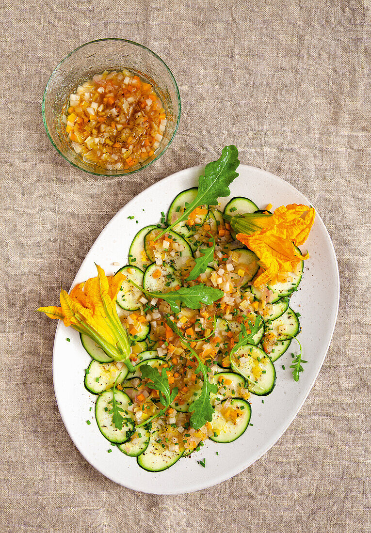 Courgette salad with courgette flowers and vinaigrette