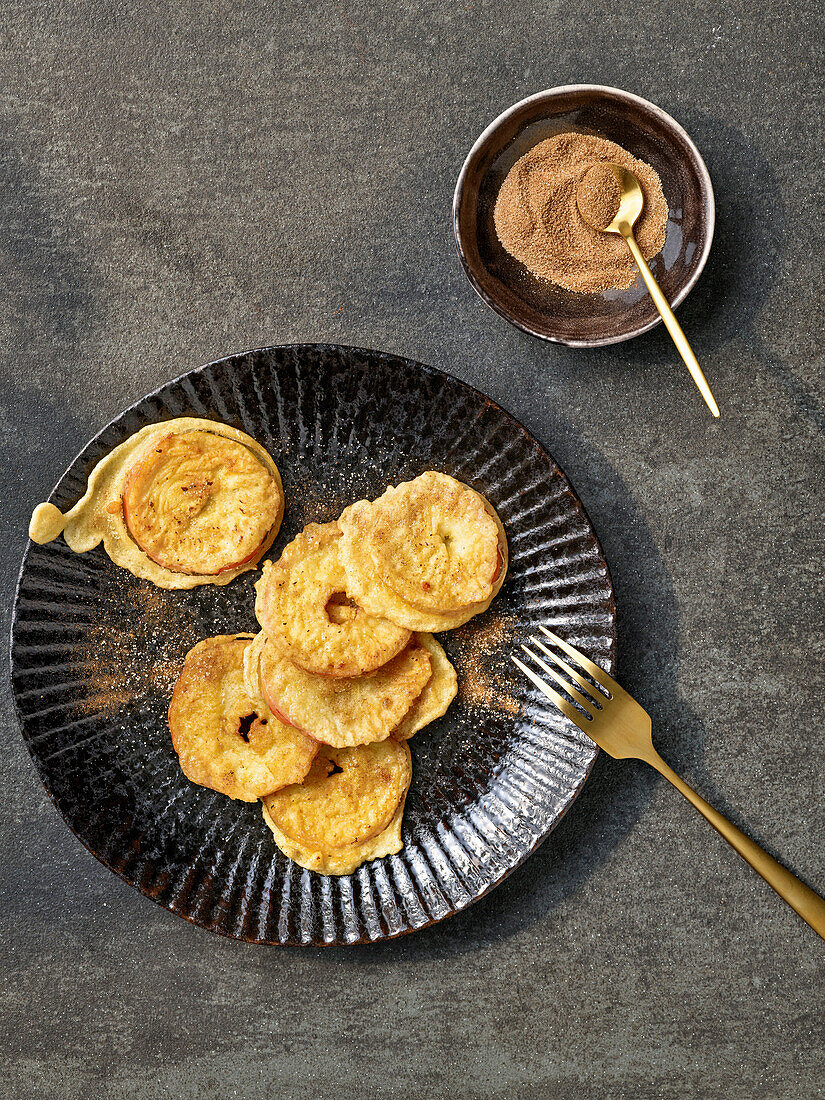 Apple rings in batter with cinnamon sugar