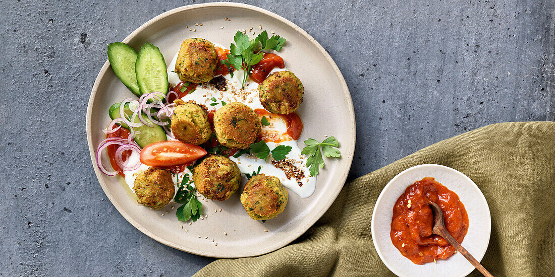 Falafel with vegetables and yoghurt sauce