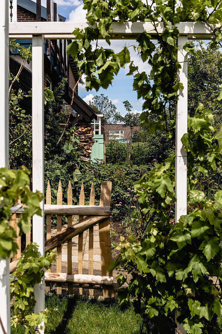 Holztor und Laubengang in einem üppigen Garten im Sommer