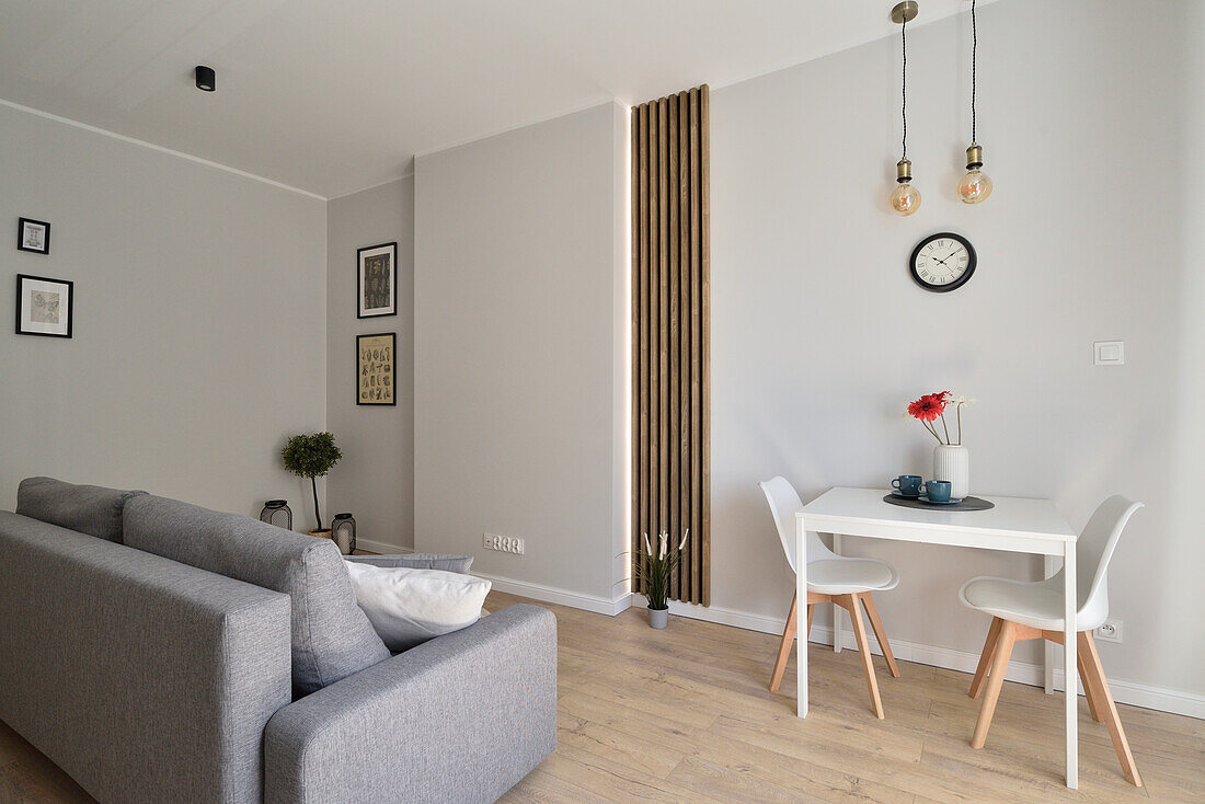 Living room and dining area with grey sofa and white dining table