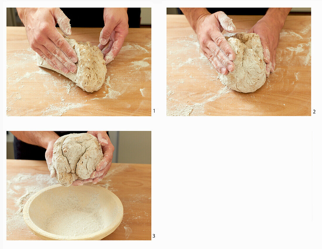 Shape rye sourdough with your hands on a floured work surface