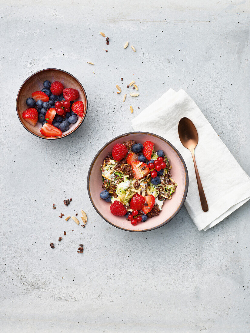 Chocolate porridge with berries and almonds