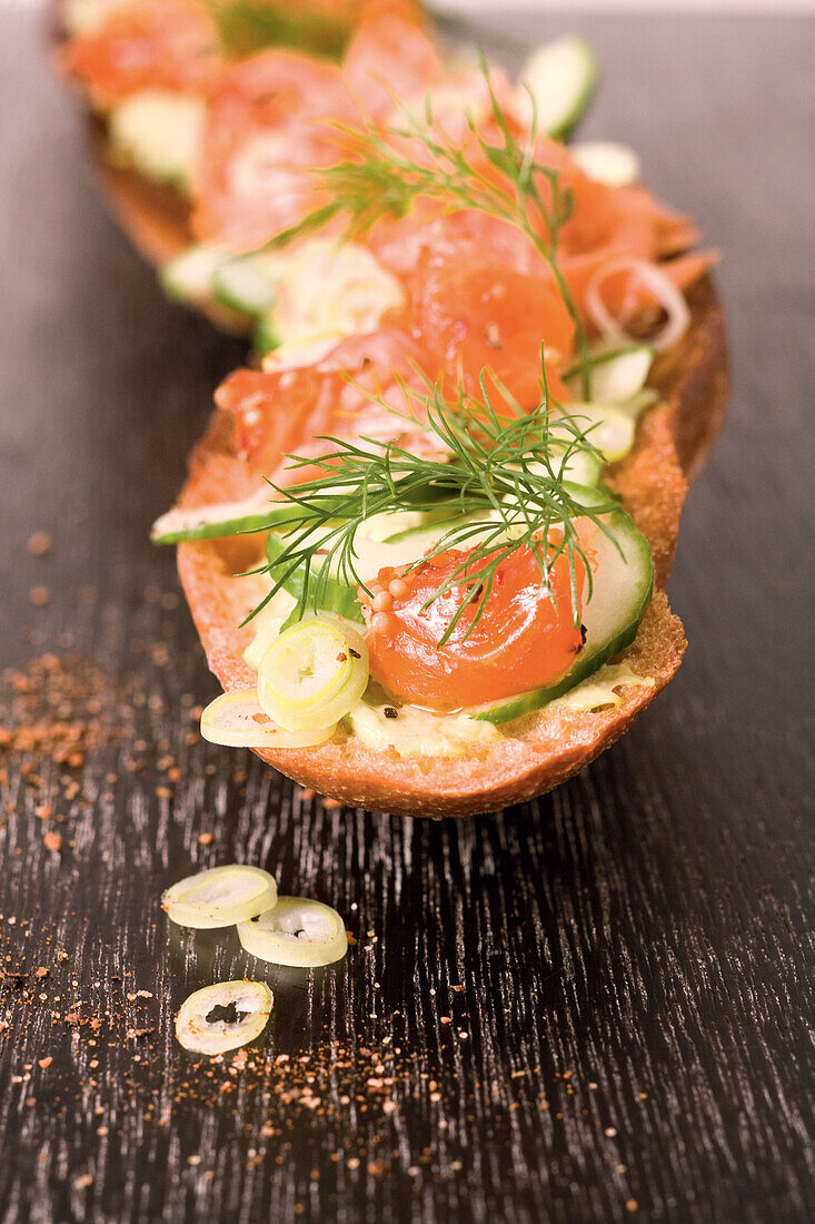 Baguette with avocado cream and smoked salmon