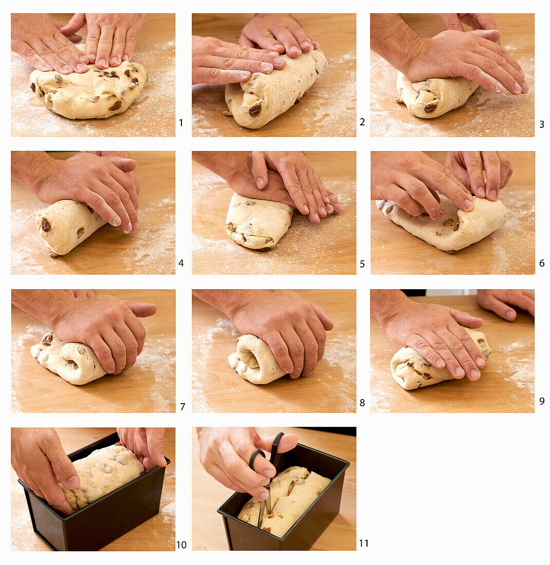 Preparation of sultana bread in individual steps