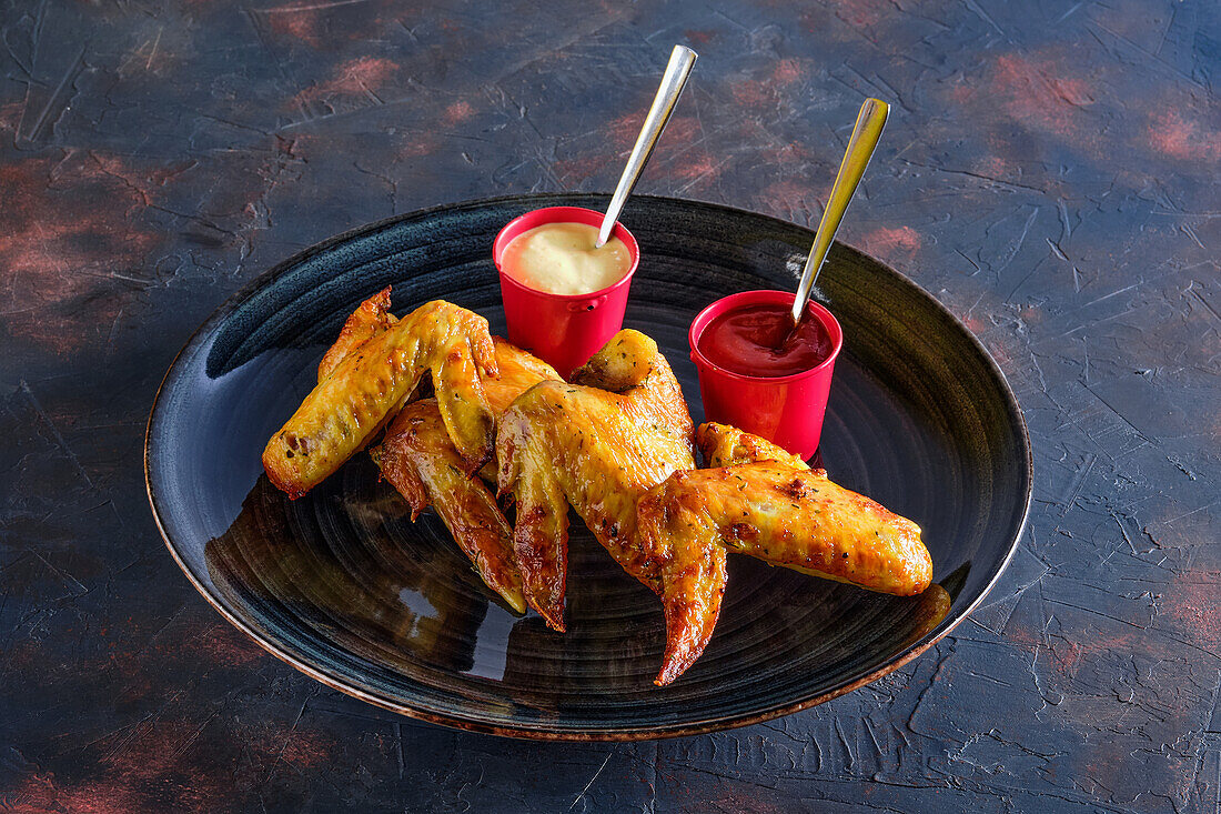 Grilled chicken wings with ketchup and mayonnaise