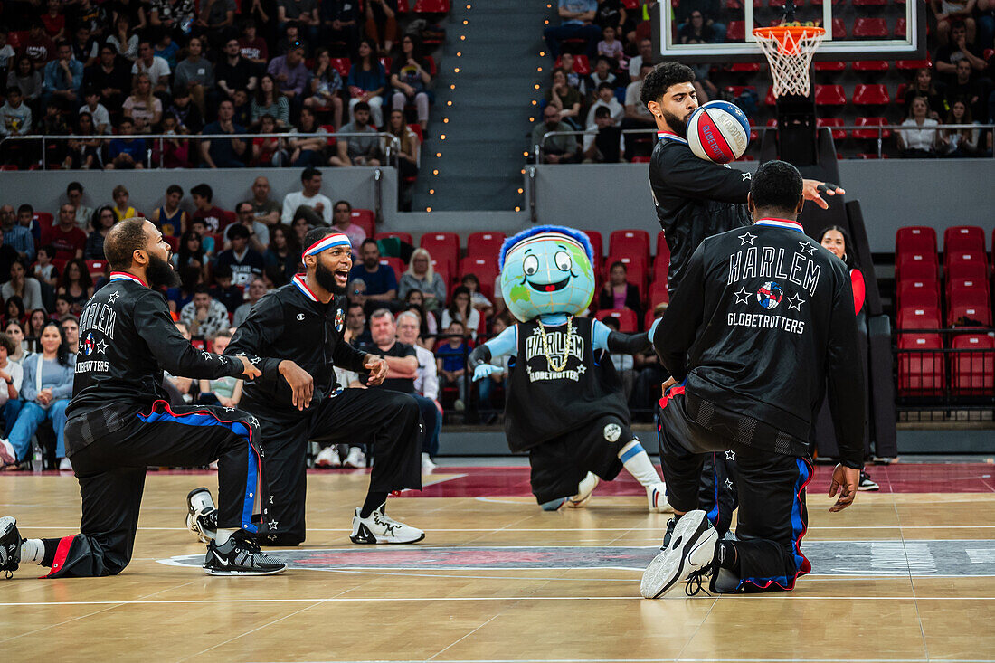 The Harlem Globetrotters perform at the Prince Felipe Pavilion in Zaragoza, Spain