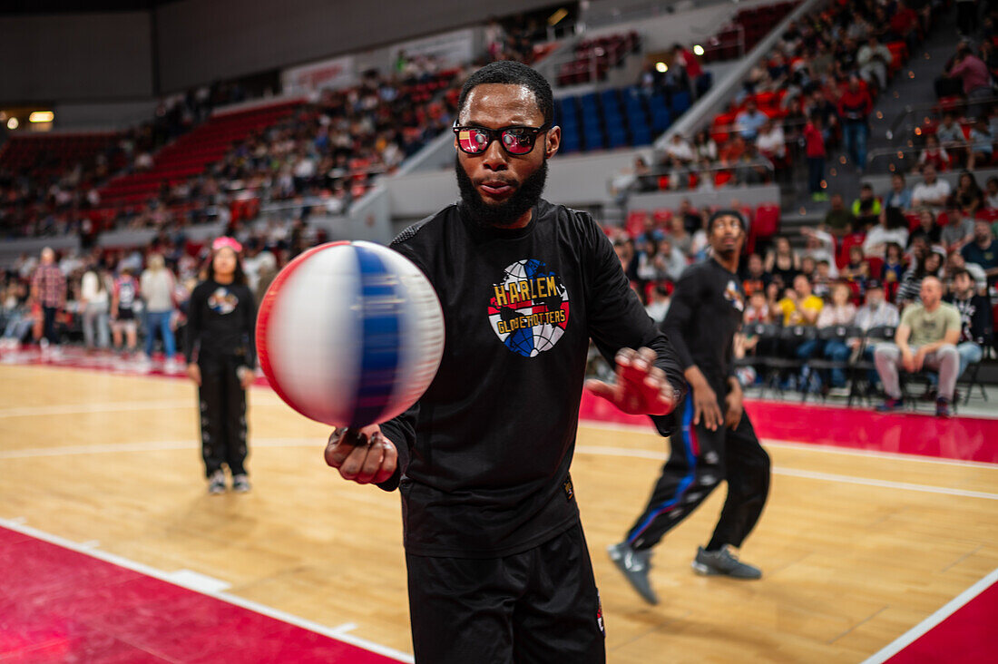 The Harlem Globetrotters perform at the Prince Felipe Pavilion in Zaragoza, Spain