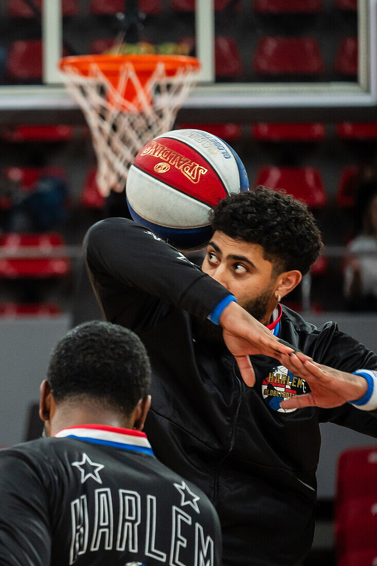 The Harlem Globetrotters perform at the Prince Felipe Pavilion in Zaragoza, Spain