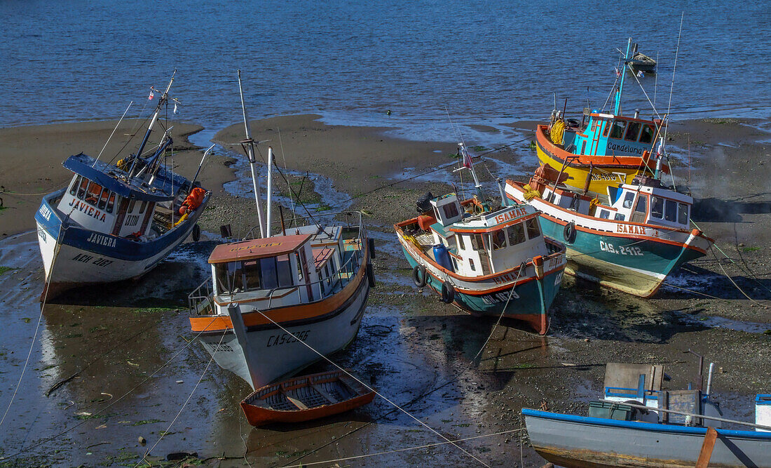 Commercial fishing boats grounded on a mud flat at low tide on Chiloe Island in the Lakes Region of Chile.