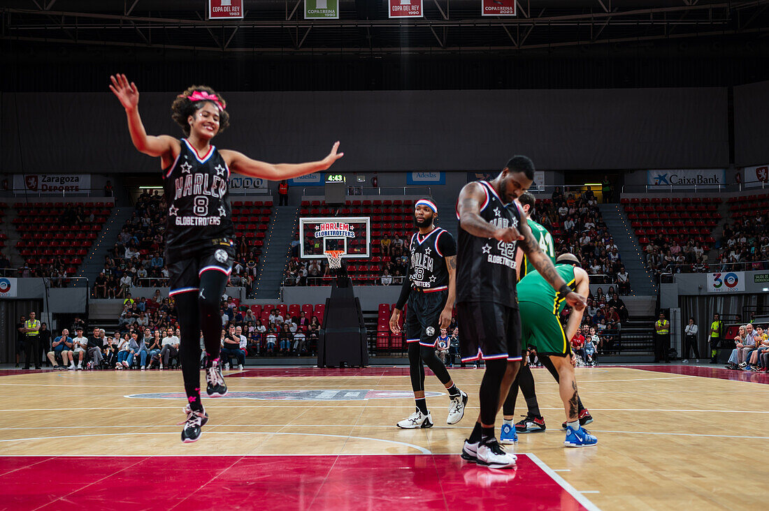 The Harlem Globetrotters perform at the Prince Felipe Pavilion in Zaragoza, Spain