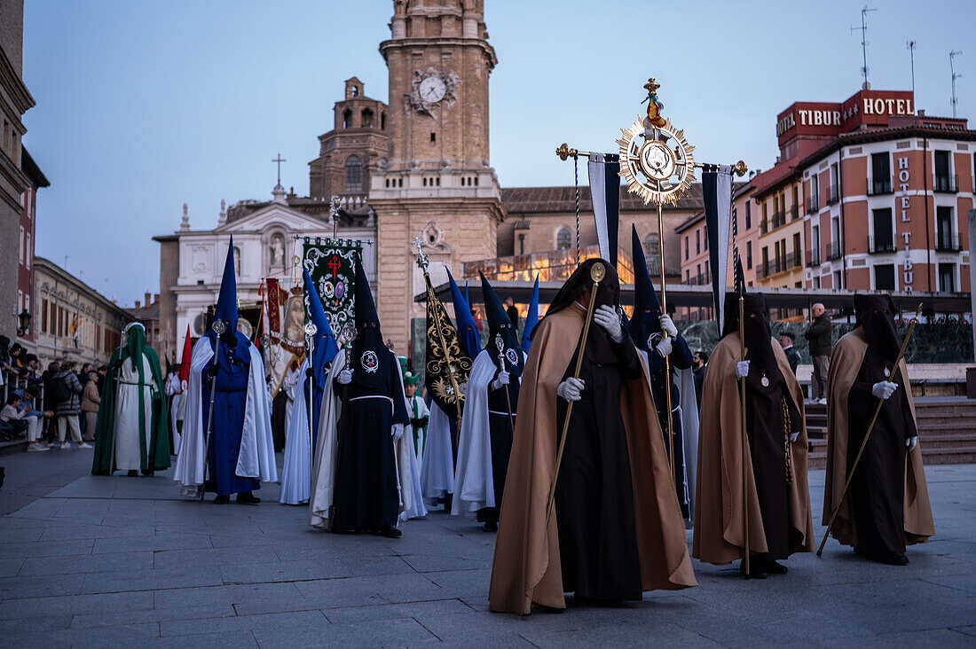 Holy Week Proclamation Procession that symbolizes the beginning of nine days of passion in the Plaza del Pilar in Zaragoza, Spain