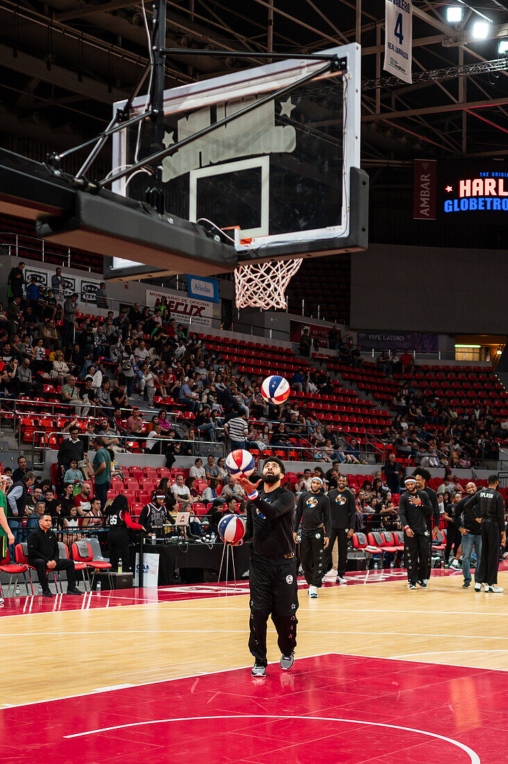 The Harlem Globetrotters perform at the Prince Felipe Pavilion in Zaragoza, Spain