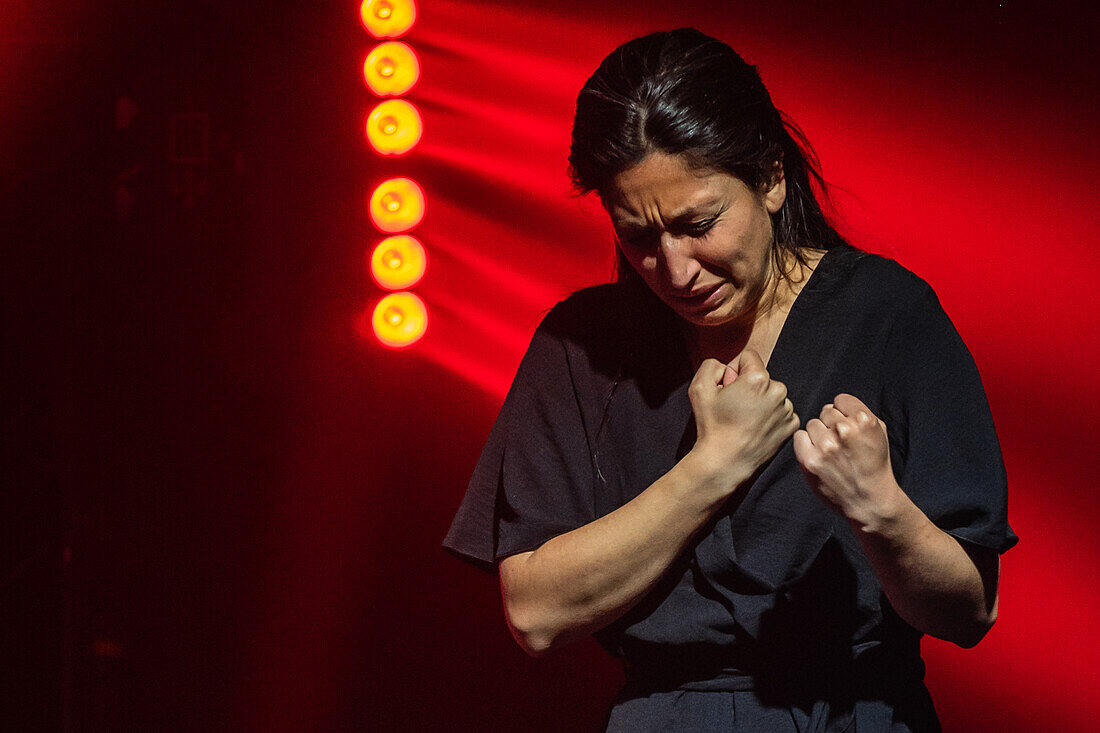 The sign interpreter acting during a live song at the MIN Independent Music Awards 2024, Zaragoza, Spain