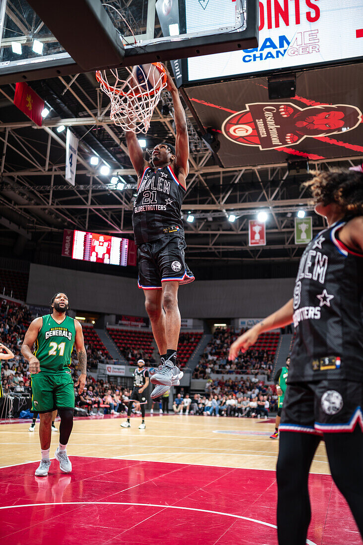 The Harlem Globetrotters perform at the Prince Felipe Pavilion in Zaragoza, Spain