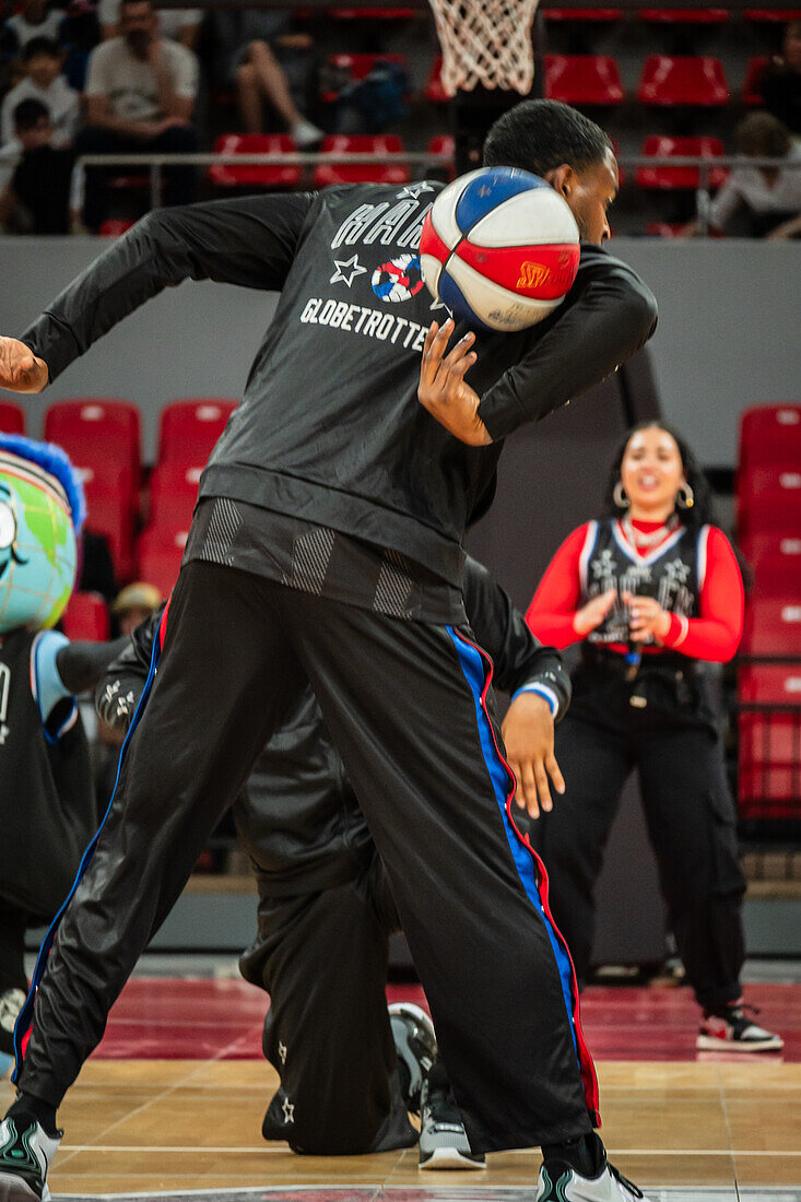 The Harlem Globetrotters perform at the Prince Felipe Pavilion in Zaragoza, Spain