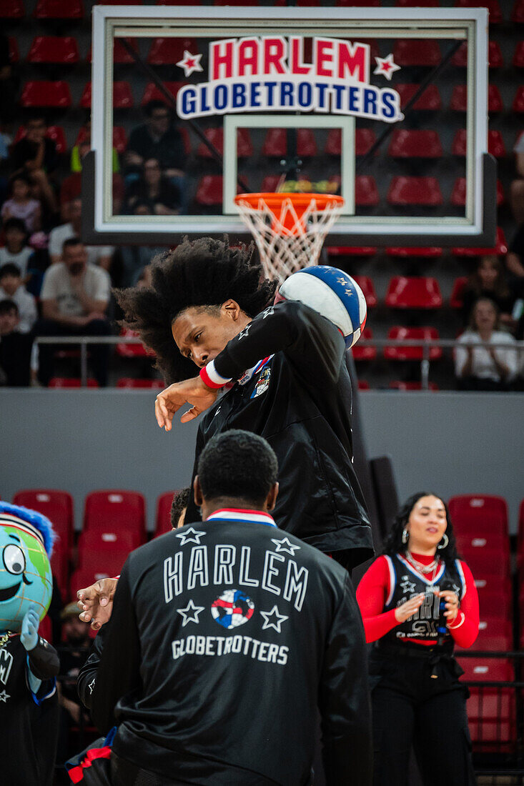 The Harlem Globetrotters perform at the Prince Felipe Pavilion in Zaragoza, Spain