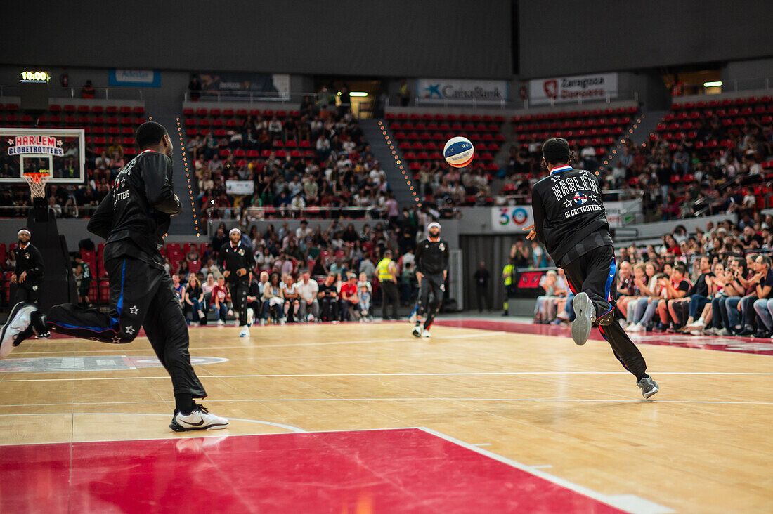 The Harlem Globetrotters perform at the Prince Felipe Pavilion in Zaragoza, Spain