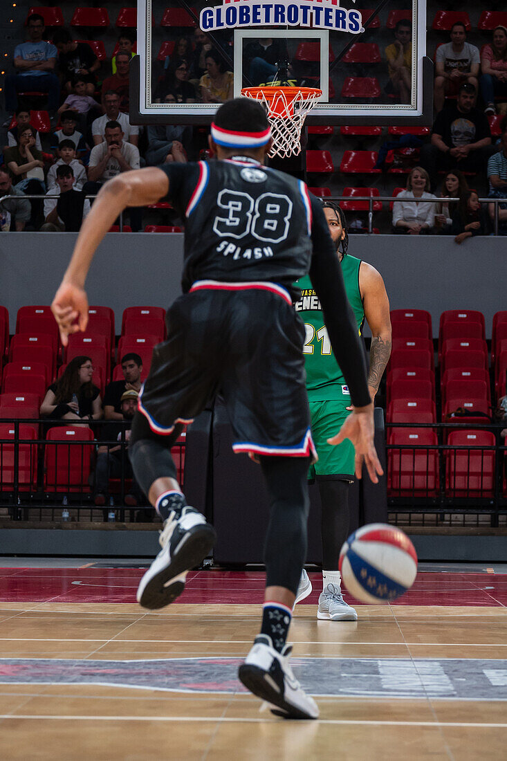 The Harlem Globetrotters perform at the Prince Felipe Pavilion in Zaragoza, Spain