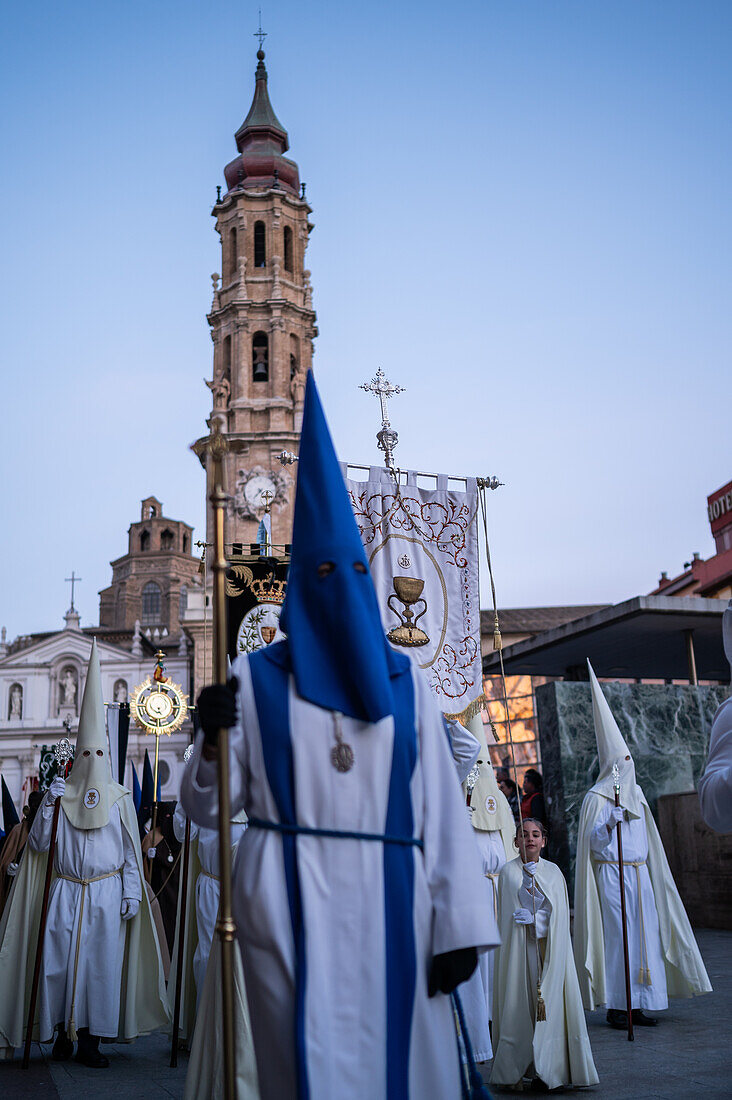 Holy Week Proclamation Procession that symbolizes the beginning of nine days of passion in the Plaza del Pilar in Zaragoza, Spain