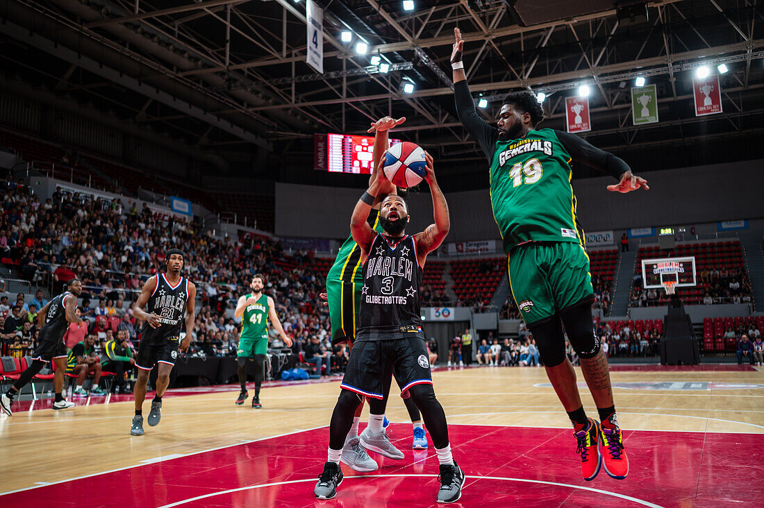 The Harlem Globetrotters perform at the Prince Felipe Pavilion in Zaragoza, Spain