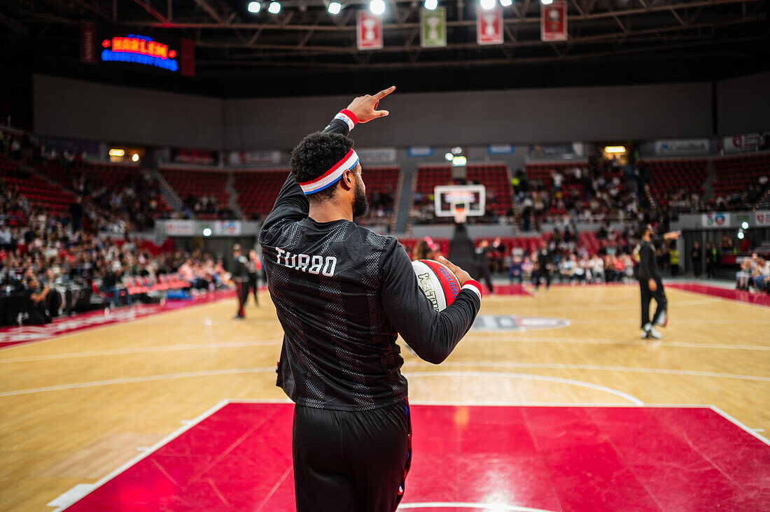 The Harlem Globetrotters perform at the Prince Felipe Pavilion in Zaragoza, Spain