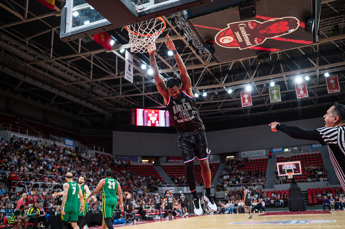 The Harlem Globetrotters perform at the Prince Felipe Pavilion in Zaragoza, Spain