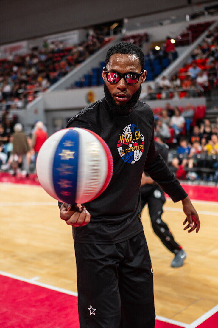 The Harlem Globetrotters perform at the Prince Felipe Pavilion in Zaragoza, Spain