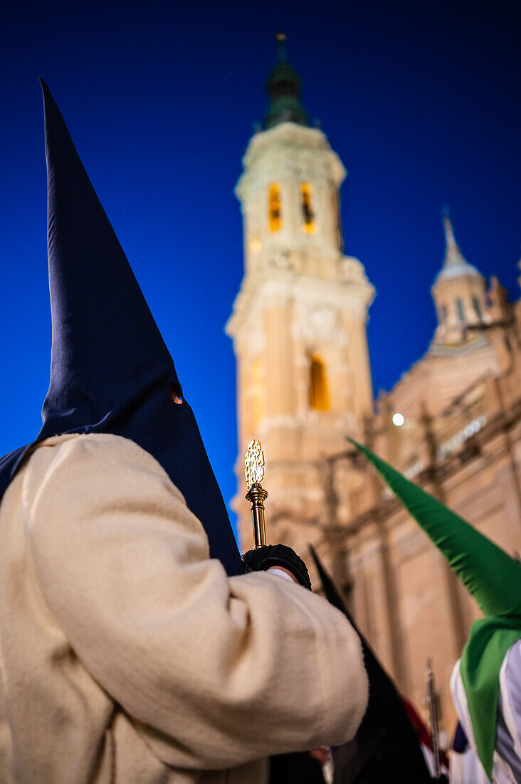 Holy Week Proclamation Procession that symbolizes the beginning of nine days of passion in the Plaza del Pilar in Zaragoza, Spain