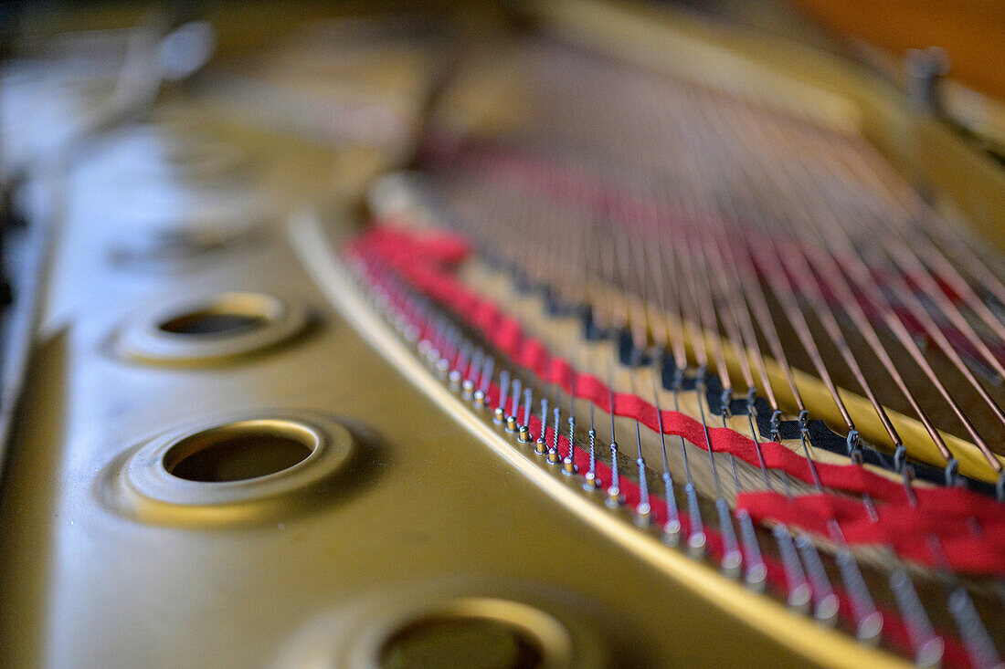 Detail der Saiten und des Rahmens im Inneren eines Steinway-Flügels, der die Handwerkskunst unter Beweis stellt.