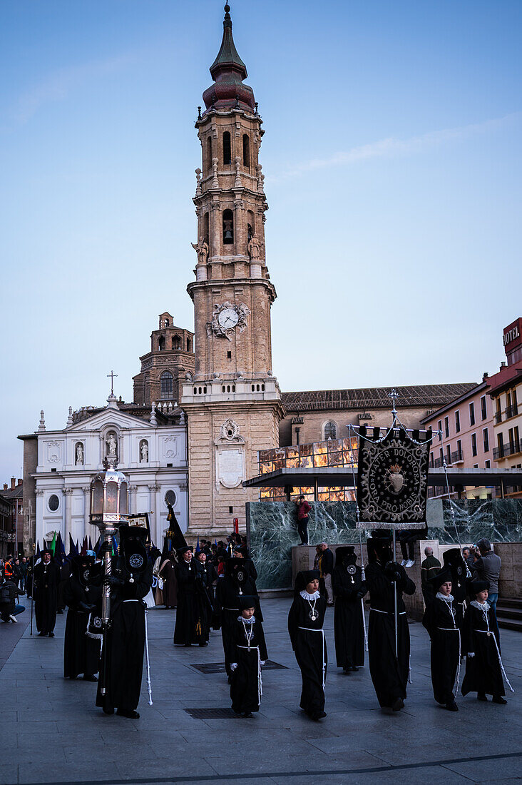 Holy Week Proclamation Procession that symbolizes the beginning of nine days of passion in the Plaza del Pilar in Zaragoza, Spain