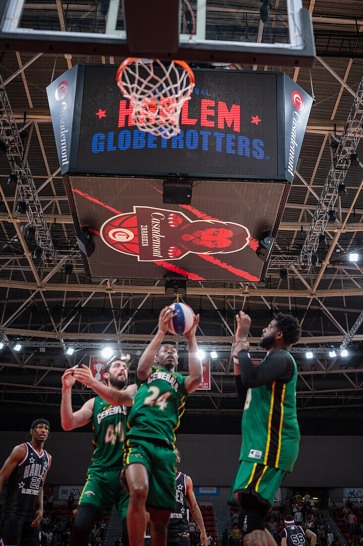 The Harlem Globetrotters perform at the Prince Felipe Pavilion in Zaragoza, Spain