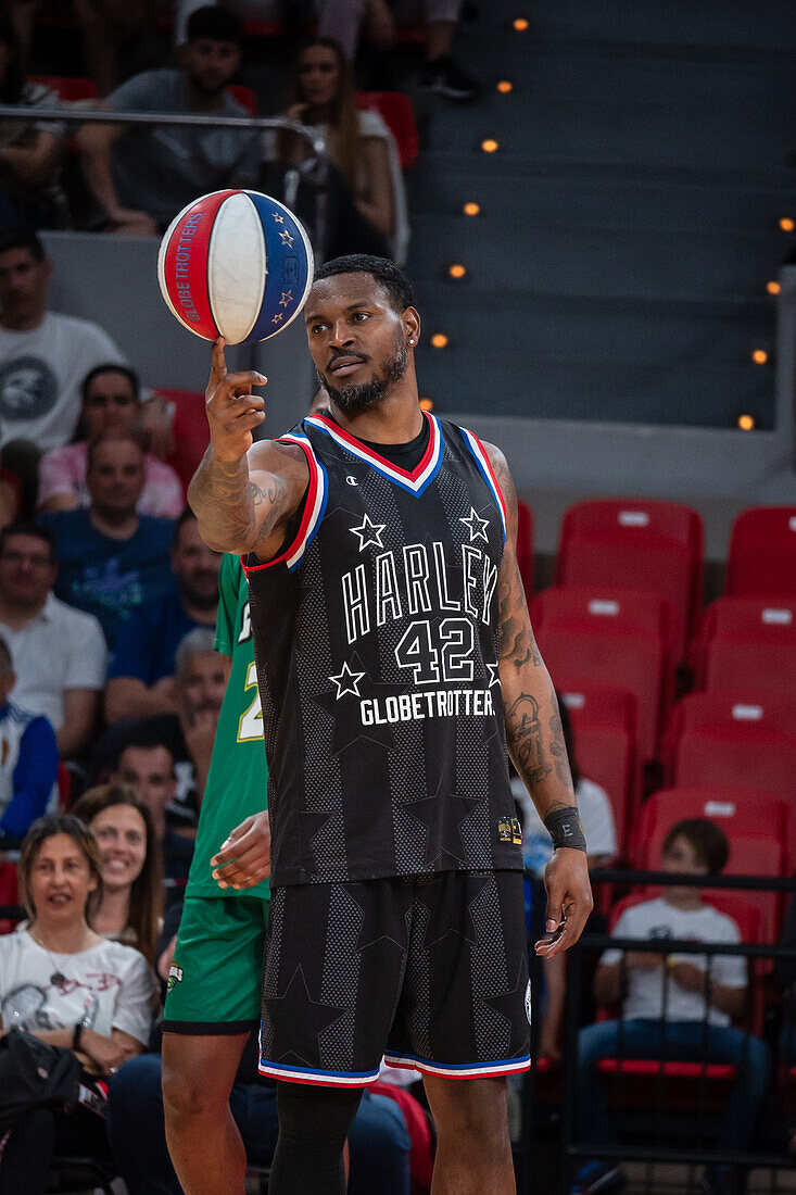 The Harlem Globetrotters perform at the Prince Felipe Pavilion in Zaragoza, Spain