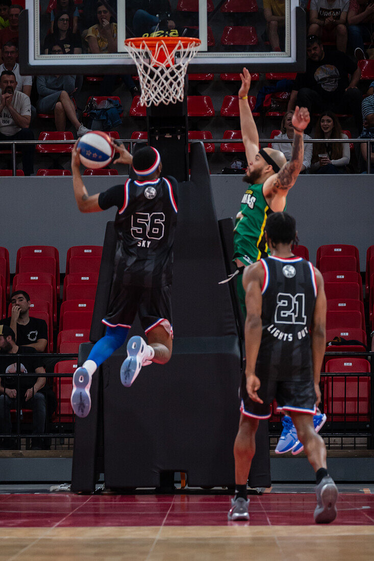 The Harlem Globetrotters perform at the Prince Felipe Pavilion in Zaragoza, Spain